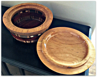 Lathe turned large wood lidded bowl